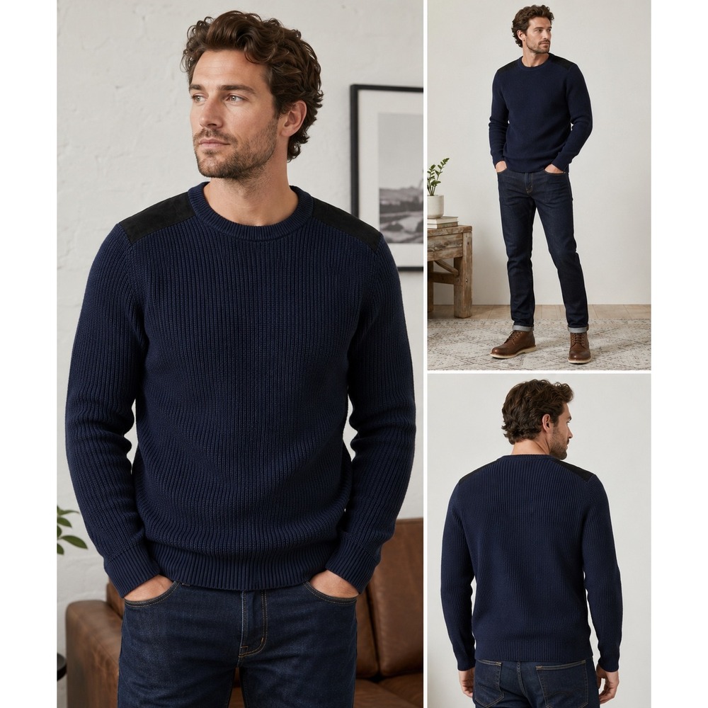 Banana Republic Mens Navy Ribbed Cotton Sweater Shoulder Patches military